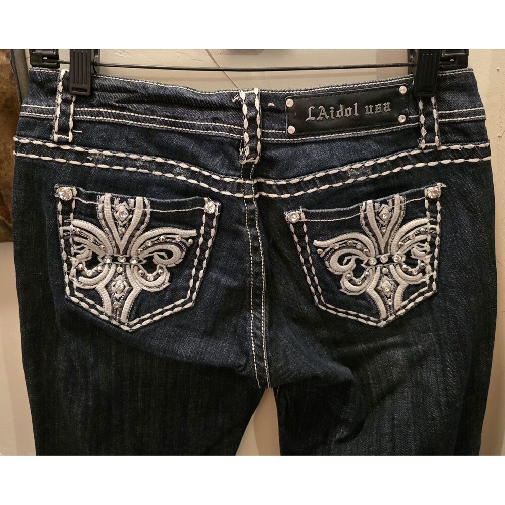 La Idol Jeans Junior's Size 7 Stretch Blue Denim Distress Thick Stitch